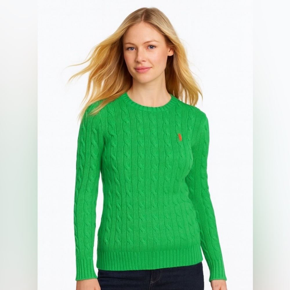 Vtg. Ralph Lauren Kelly Green Cable Knit Crewneck Sweater Size Small